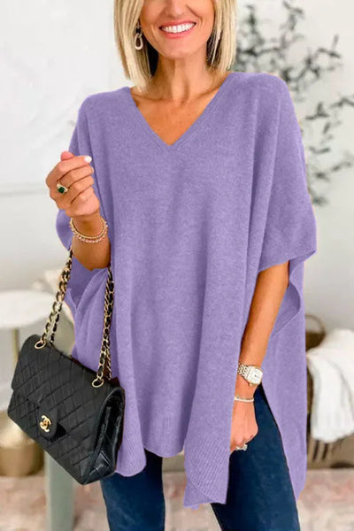 Valérie - Pull poncho uni à col V et coupe ample