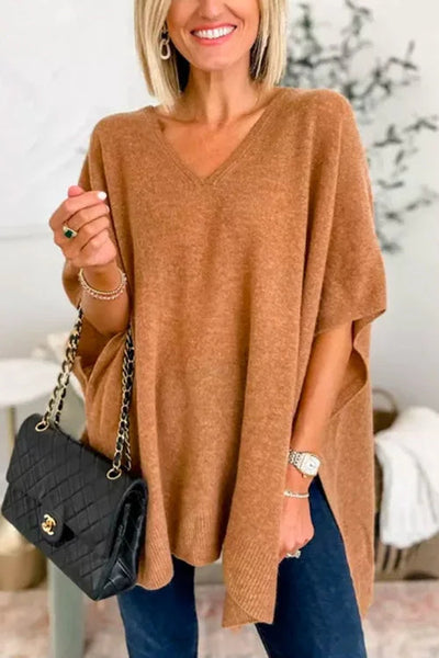 Valérie - Pull poncho uni à col V et coupe ample
