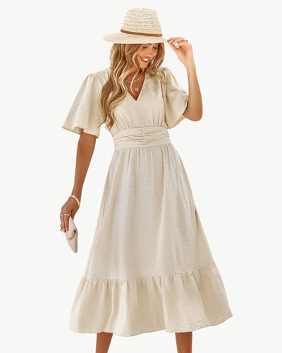 Isabelle – Robe Mi-longue à Col en V et Manches Courtes – Légère et Élégante