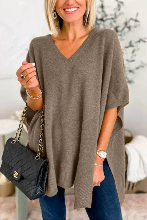 Valérie - Pull poncho uni à col V et coupe ample