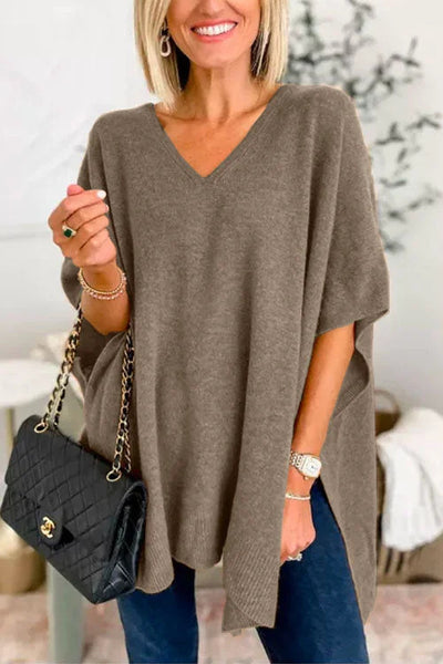 Valérie - Pull poncho uni à col V et coupe ample