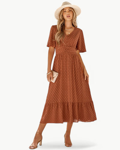 Isabelle – Robe Mi-longue à Col en V et Manches Courtes – Légère et Élégante
