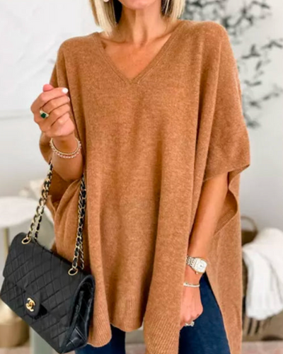 Valérie - Pull poncho uni à col V et coupe ample