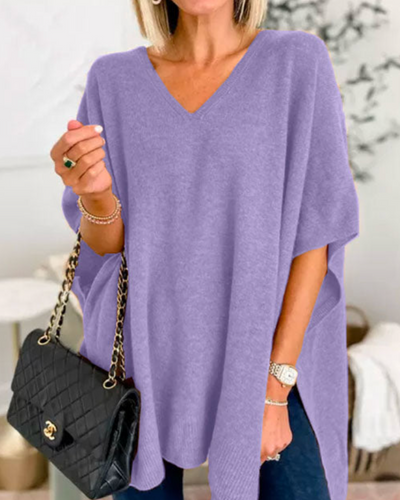Valérie - Pull poncho uni à col V et coupe ample