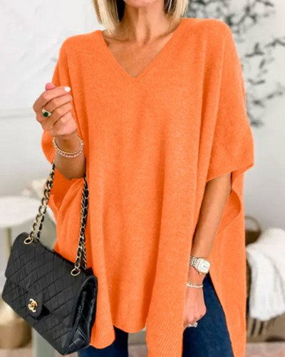 Valérie - Pull poncho uni à col V et coupe ample