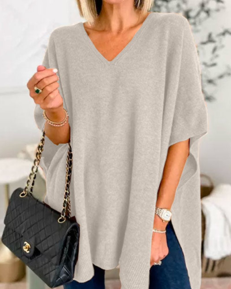Valérie - Pull poncho uni à col V et coupe ample