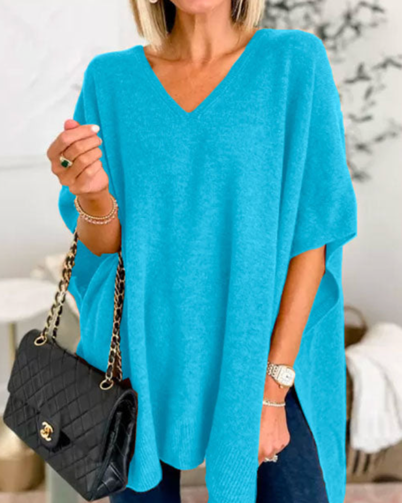Valérie - Pull poncho uni à col V et coupe ample