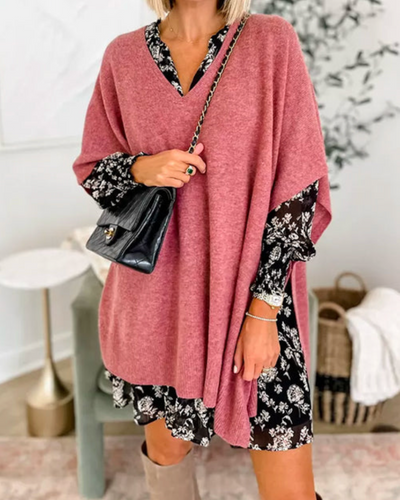 Valérie - Pull poncho uni à col V et coupe ample