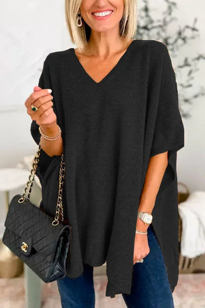 Valérie - Pull poncho uni à col V et coupe ample