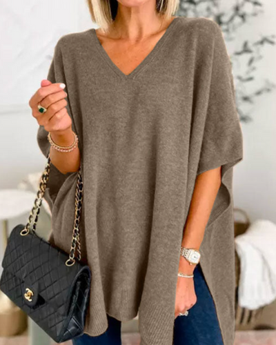 Valérie - Pull poncho uni à col V et coupe ample