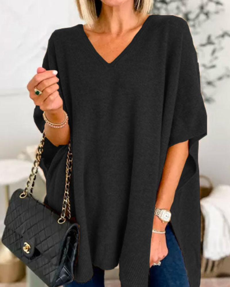 Valérie - Pull poncho uni à col V et coupe ample