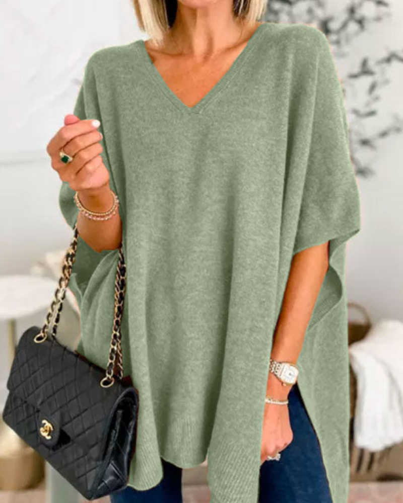 Valérie - Pull poncho uni à col V et coupe ample