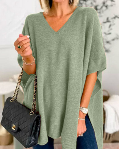Valérie - Pull poncho uni à col V et coupe ample