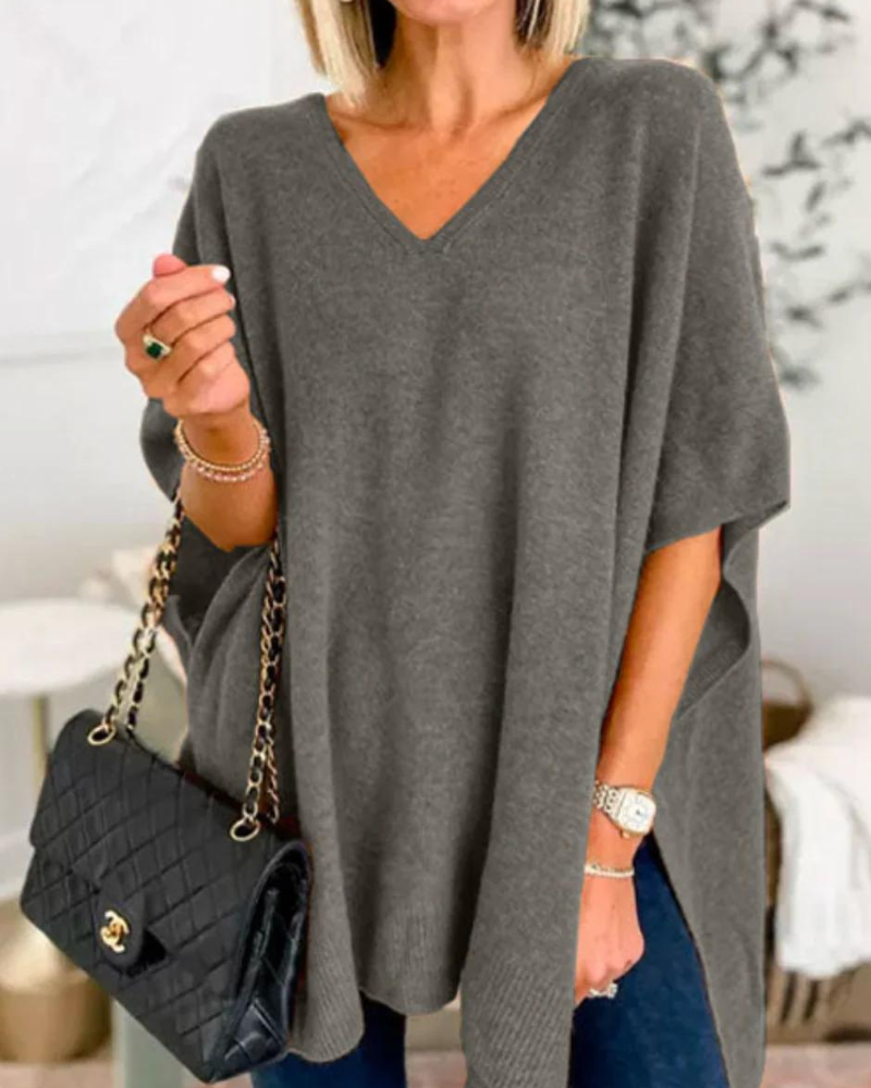 Valérie - Pull poncho uni à col V et coupe ample