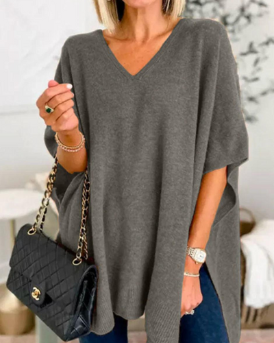 Valérie - Pull poncho uni à col V et coupe ample