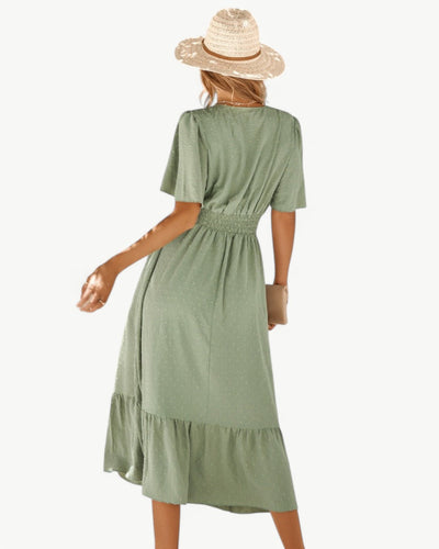 Isabelle – Robe Mi-longue à Col en V et Manches Courtes – Légère et Élégante
