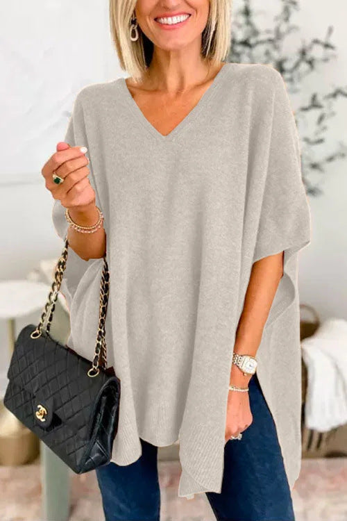 Valérie - Pull poncho uni à col V et coupe ample
