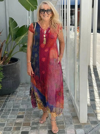 Crew neck pocket short sleeve trend print dress