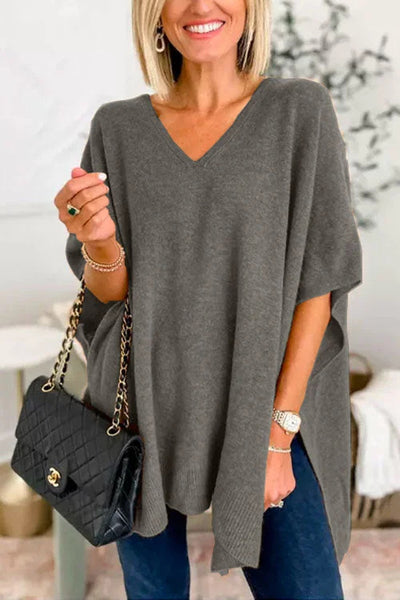 Valérie - Pull poncho uni à col V et coupe ample