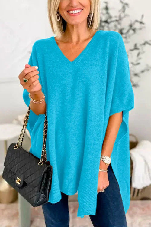 Valérie - Pull poncho uni à col V et coupe ample