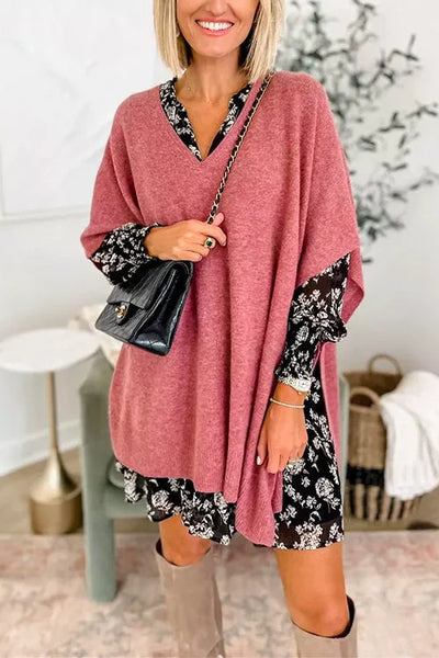 Valérie - Pull poncho uni à col V et coupe ample