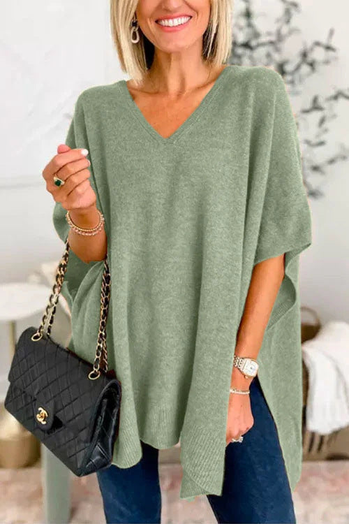 Valérie - Pull poncho uni à col V et coupe ample