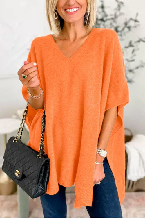 Valérie - Pull poncho uni à col V et coupe ample