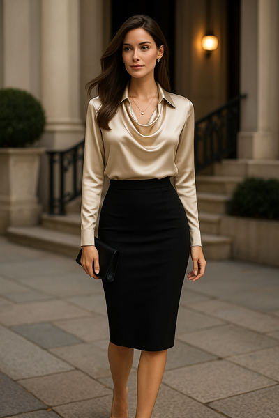 Glinsende bluse med plisserte hals – chic & tidløs