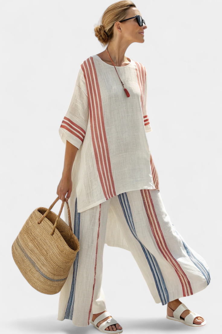 Anzaleira | Elegant Ethnic Bamboo Linen Set with Stripes