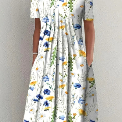 2024 New Spring And Summer Women's Elegant Large Skirt Round Neck Printed Short-sleeved Dress