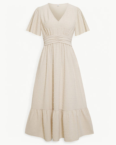 Isabelle – Robe Mi-longue à Col en V et Manches Courtes – Légère et Élégante
