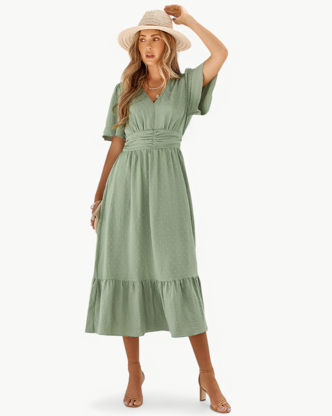Isabelle – Robe Mi-longue à Col en V et Manches Courtes – Légère et Élégante