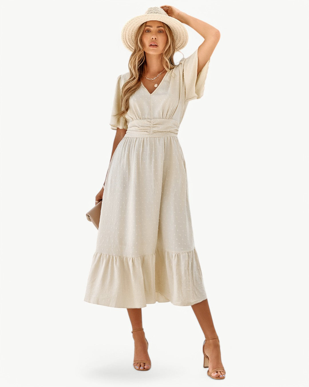 Isabelle – Robe Mi-longue à Col en V et Manches Courtes – Légère et Élégante