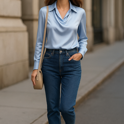 Glinsende bluse med plisserte hals – chic & tidløs